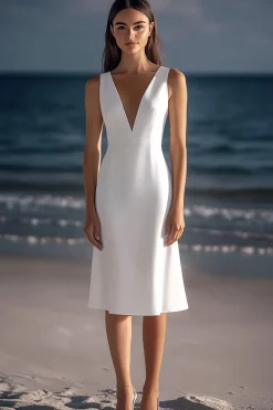 Branco Decote em V Bainha Cetim Midi Vestidinho Branco