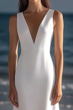 Branco Decote em V Bainha Cetim Midi Vestidinho Branco