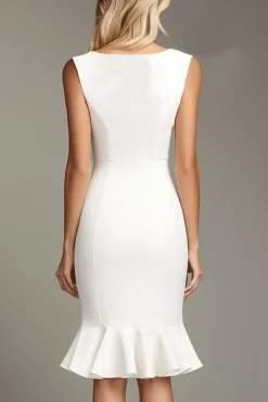 Branco Decote em V Bodycon Midi Vestidos Cerimónia