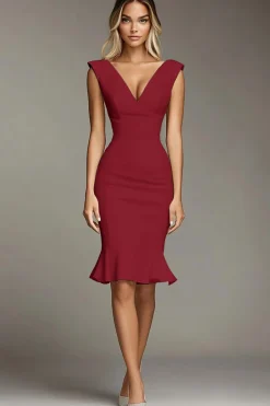 Branco Decote em V Bodycon Midi Vestidos Cerimónia