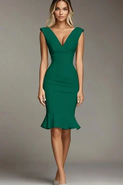 Branco Decote em V Bodycon Midi Vestidos Cerimónia
