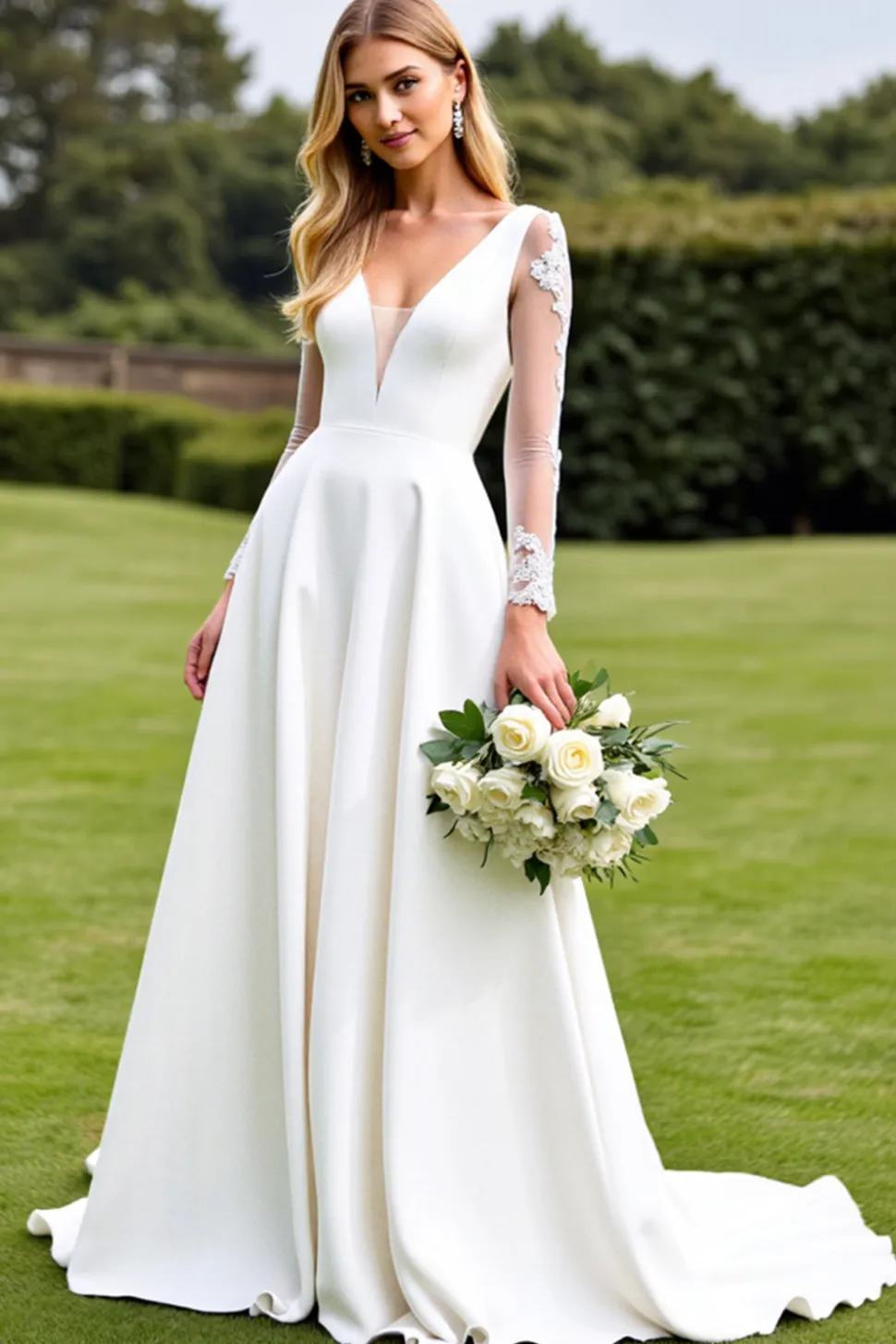 Branco Decote em V Cetim Linha-A Sweep/Brush Trem Vestido de Noiva com Renda