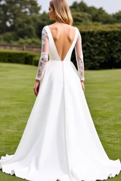 Branco Decote em V Cetim Linha-A Sweep/Brush Trem Vestido de Noiva com Renda