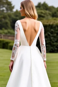 Branco Decote em V Cetim Linha-A Sweep/Brush Trem Vestido de Noiva com Renda