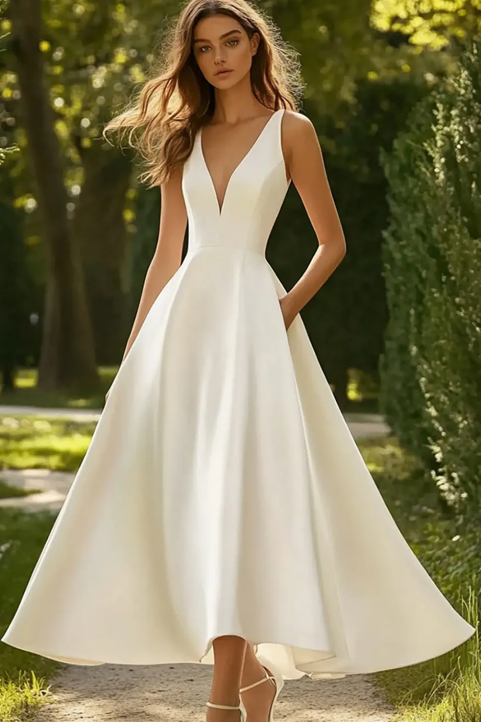 Branco Decote em V De Baile/Princesa Longos Cetim Vestido de Noiva
