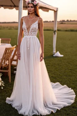 Branco Decote em V De Baile/Princesa Longos Vestido de Noiva Boho com Renda