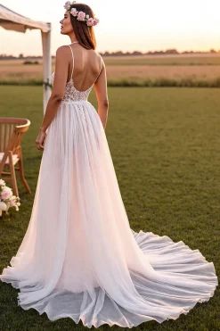 Branco Decote em V De Baile/Princesa Longos Vestido de Noiva Boho com Renda