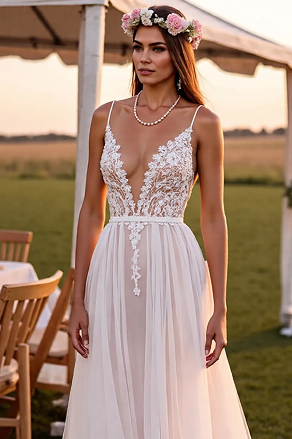 Branco Decote em V De Baile/Princesa Longos Vestido de Noiva Boho com Renda