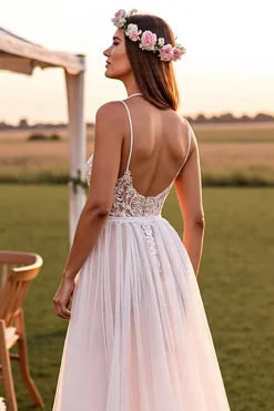 Branco Decote em V De Baile/Princesa Longos Vestido de Noiva Boho com Renda