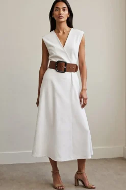 Branco Decote em V Linha-A Sem Mangas Longos Vestido Trabalho com Cinto