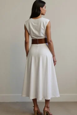Branco Decote em V Linha-A Sem Mangas Longos Vestido Trabalho com Cinto
