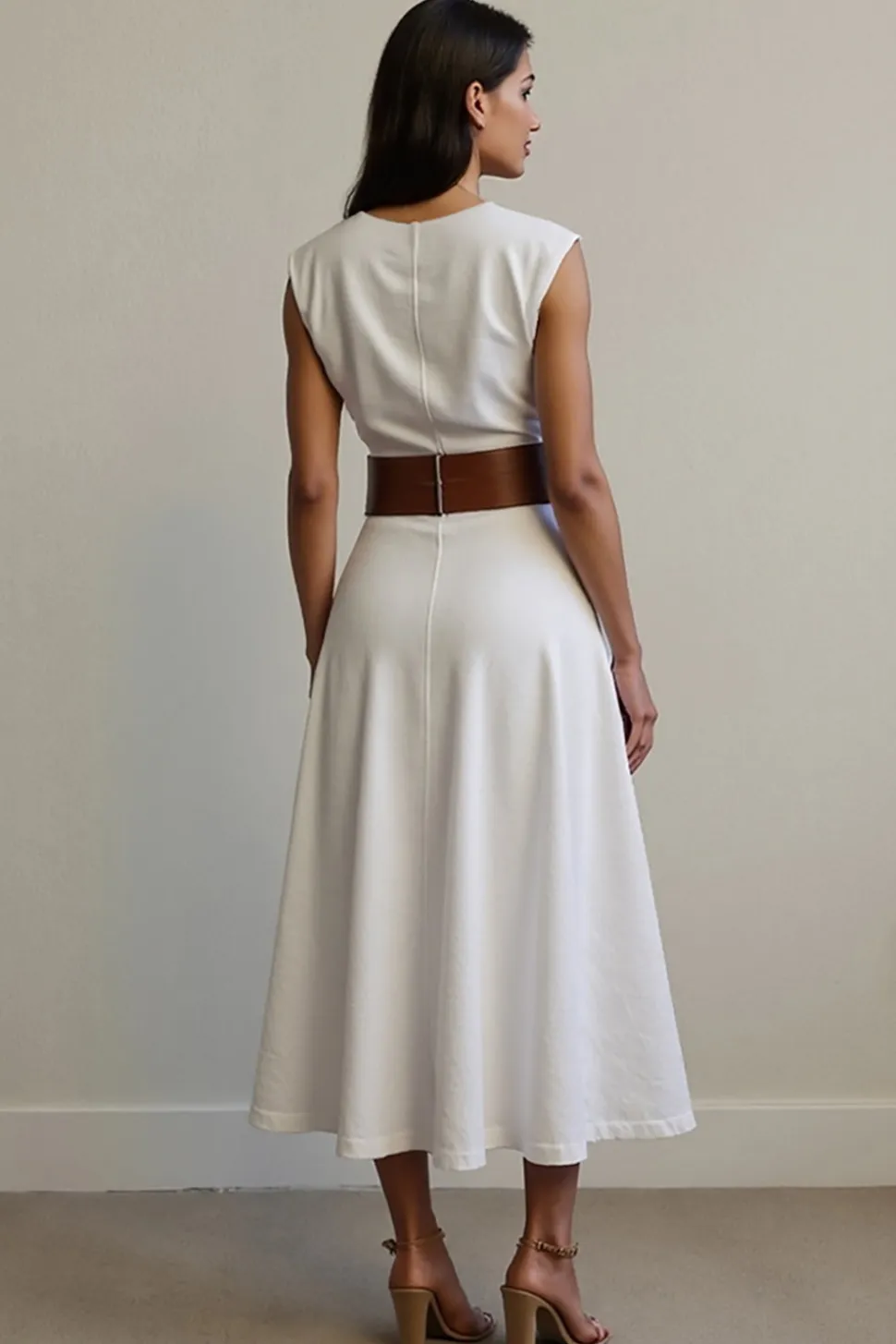 Branco Decote em V Linha-A Sem Mangas Longos Vestido Trabalho com Cinto