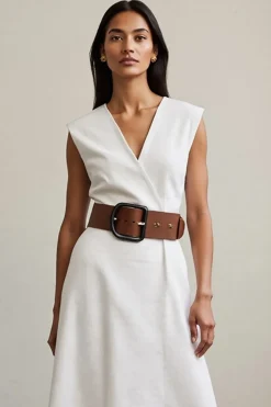 Branco Decote em V Linha-A Sem Mangas Longos Vestido Trabalho com Cinto