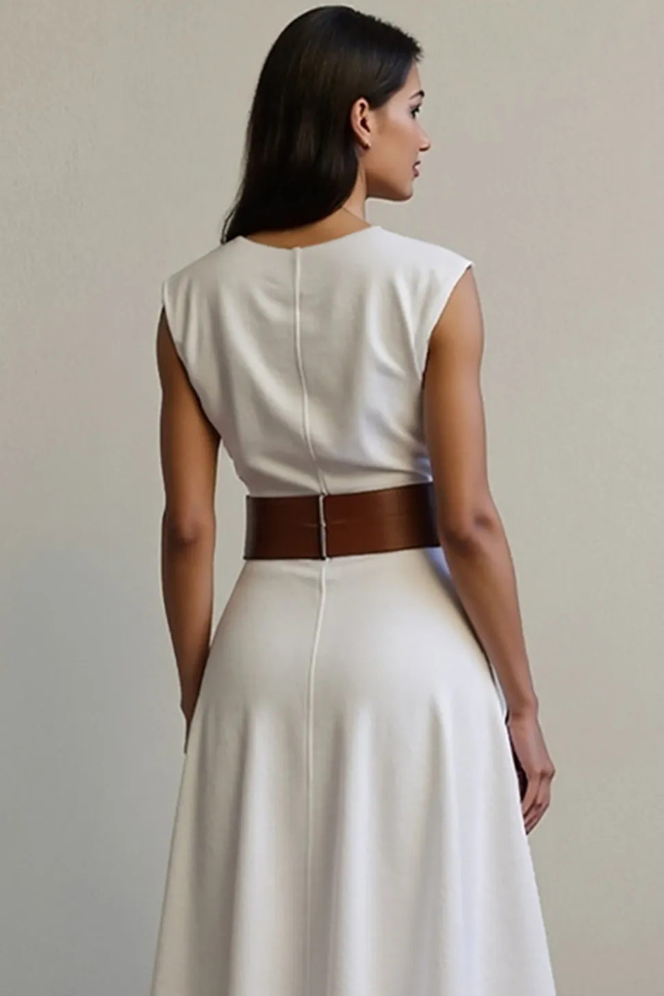 Branco Decote em V Linha-A Sem Mangas Longos Vestido Trabalho com Cinto