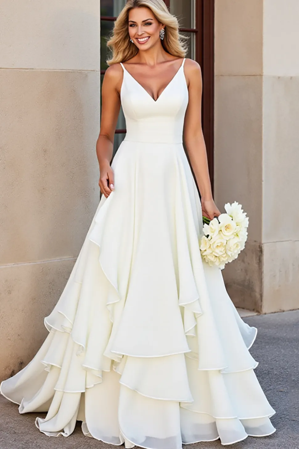 Branco Decote em V Linha-A Babado Chiffon Longo Vestido de Noiva