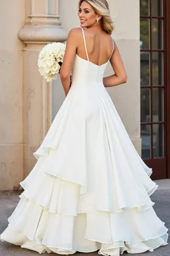 Branco Decote em V Linha-A Babado Chiffon Longo Vestido de Noiva