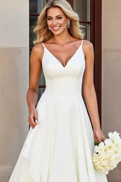 Branco Decote em V Linha-A Babado Chiffon Longo Vestido de Noiva