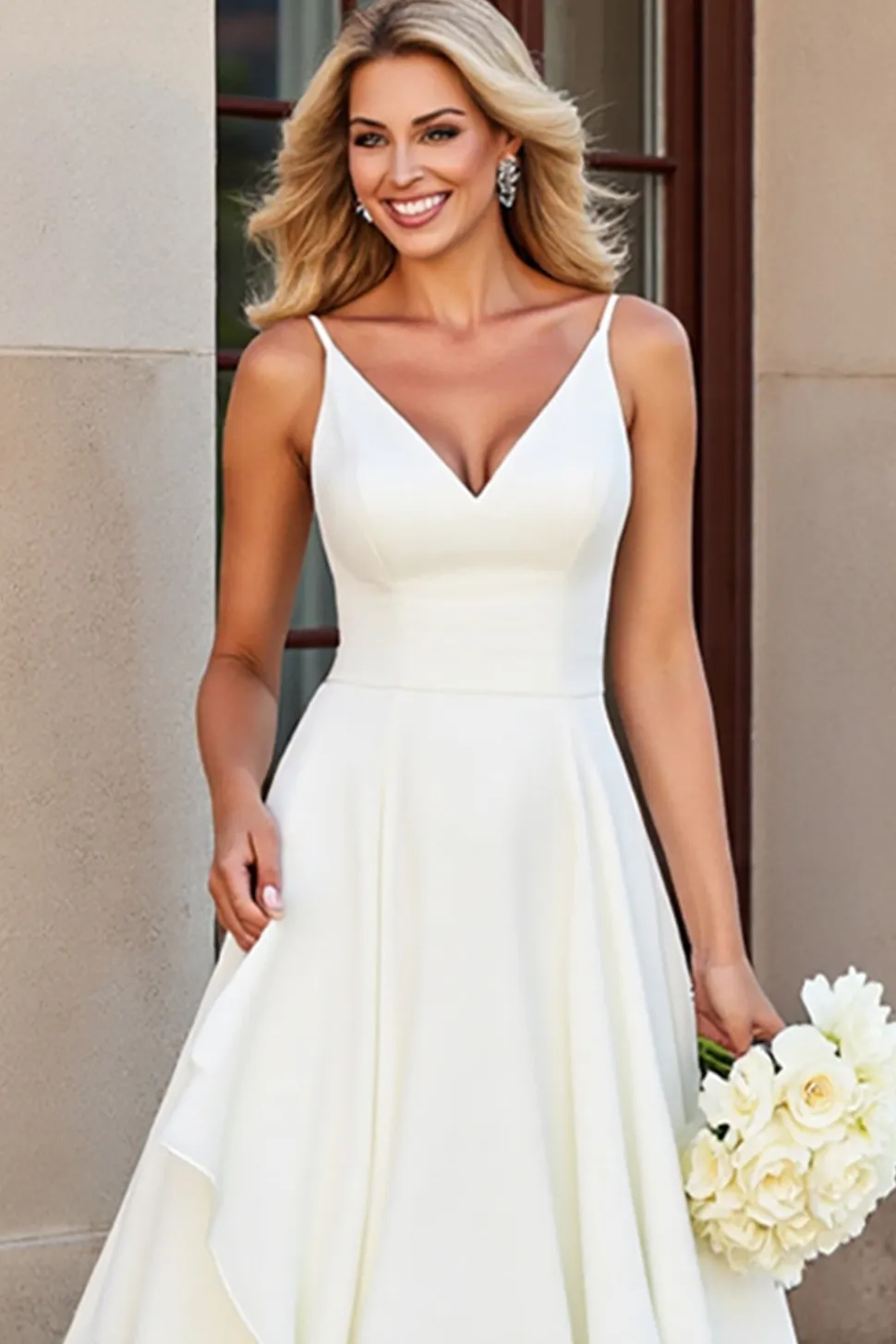 Branco Decote em V Linha-A Babado Chiffon Longo Vestido de Noiva