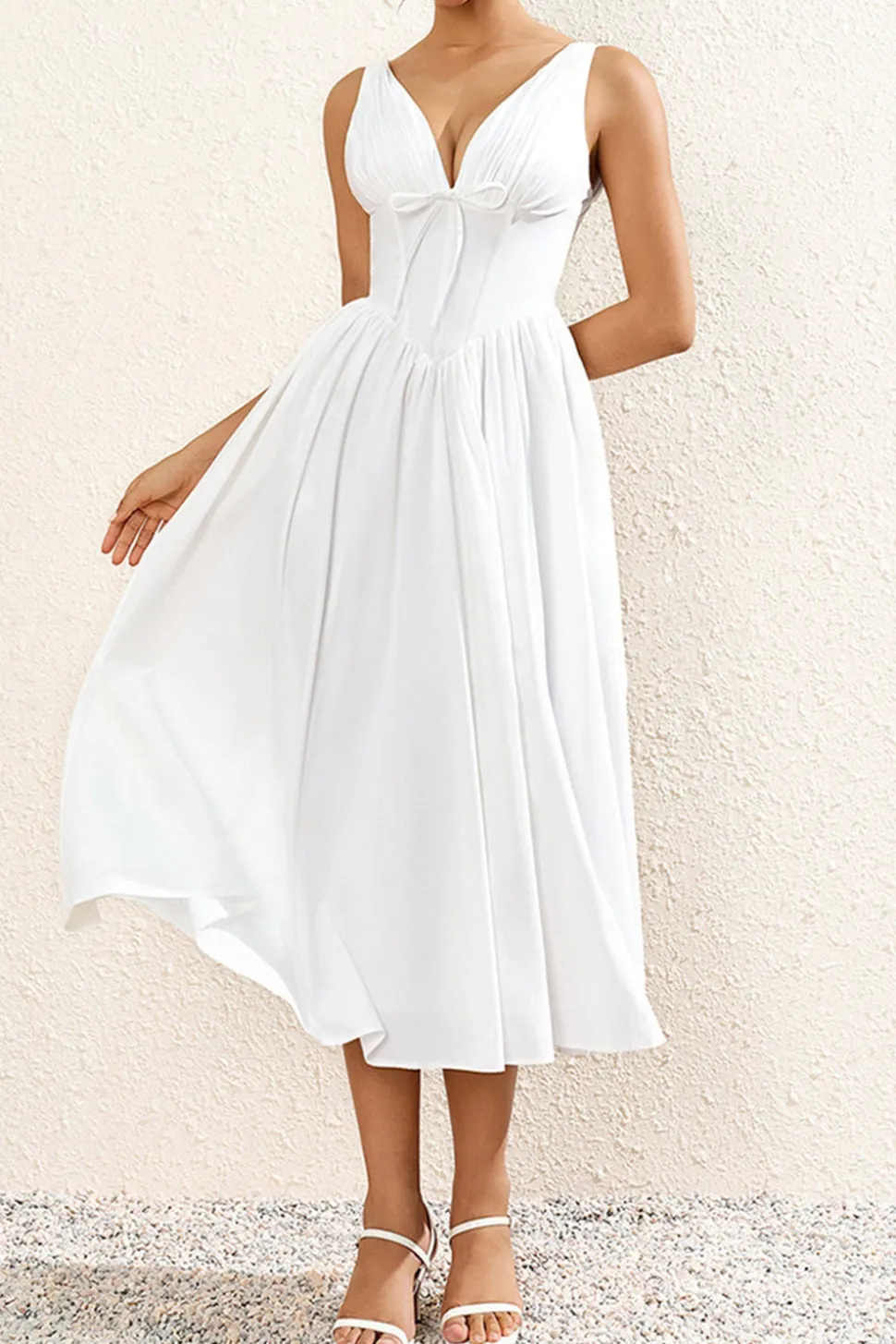 Branco Decote em V Linha-A Midi Vestido de Verão