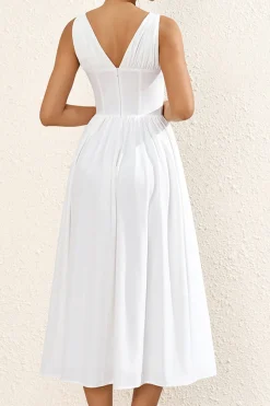 Branco Decote em V Linha-A Midi Vestido de Verão