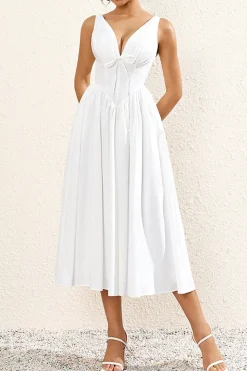 Branco Decote em V Linha-A Midi Vestido de Verão
