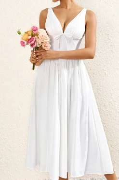 Branco Decote em V Linha-A Midi Vestido de Verão