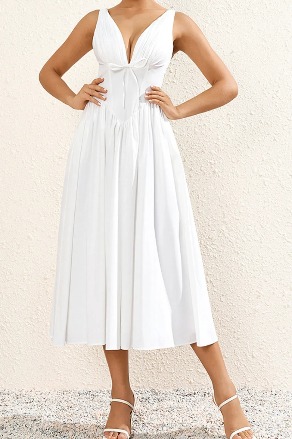 Branco Decote em V Linha-A Midi Vestido de Verão