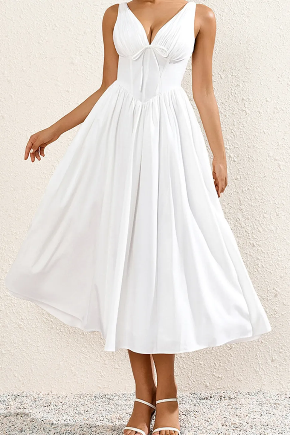 Branco Decote em V Linha-A Midi Vestido de Verão