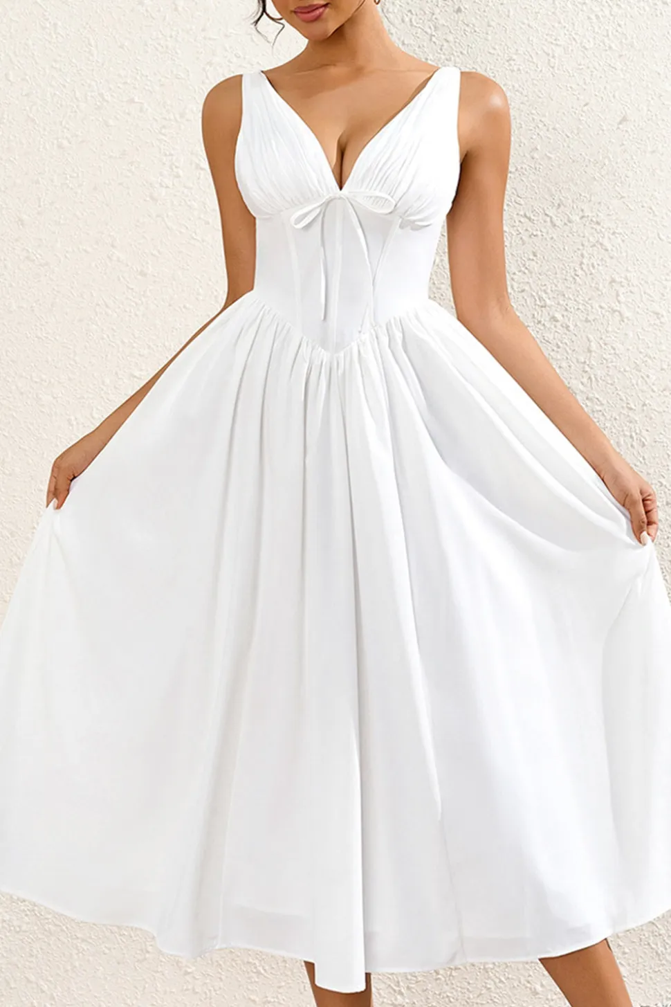 Branco Decote em V Linha-A Midi Vestido de Verão