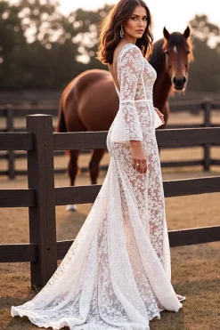 Branco Decote em V Sereia Renda Longos Vestido de Noiva Boho com Fenda