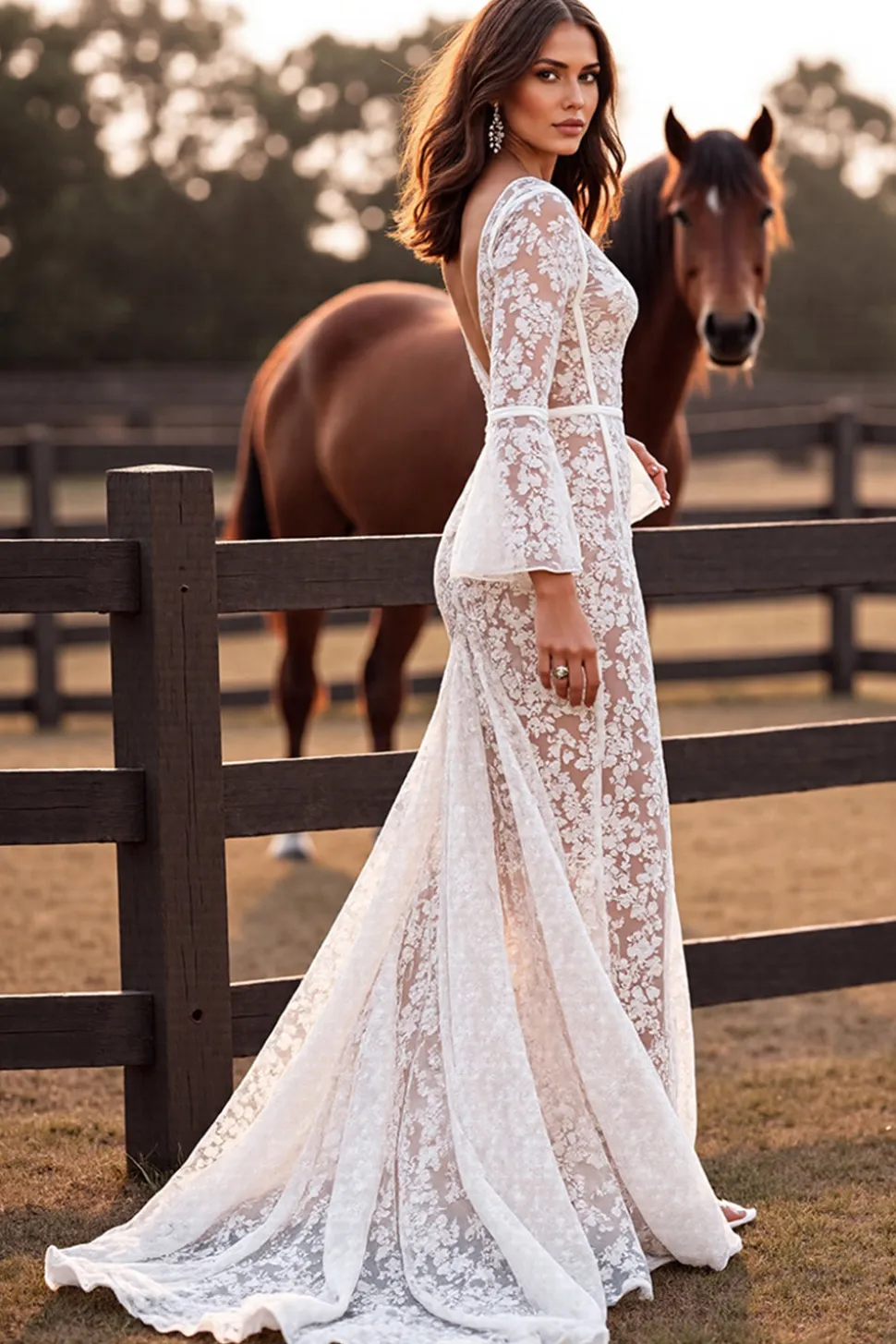 Branco Decote em V Sereia Renda Longos Vestido de Noiva Boho com Fenda