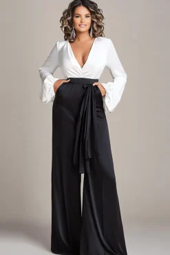 Branco e preto profundo V-neck cetim mangas longas mãe da noiva macacões