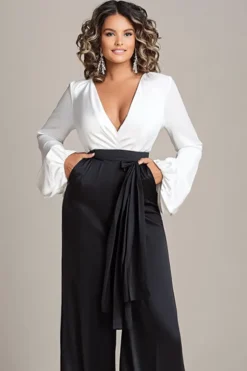 Branco e preto profundo V-neck cetim mangas longas mãe da noiva macacões