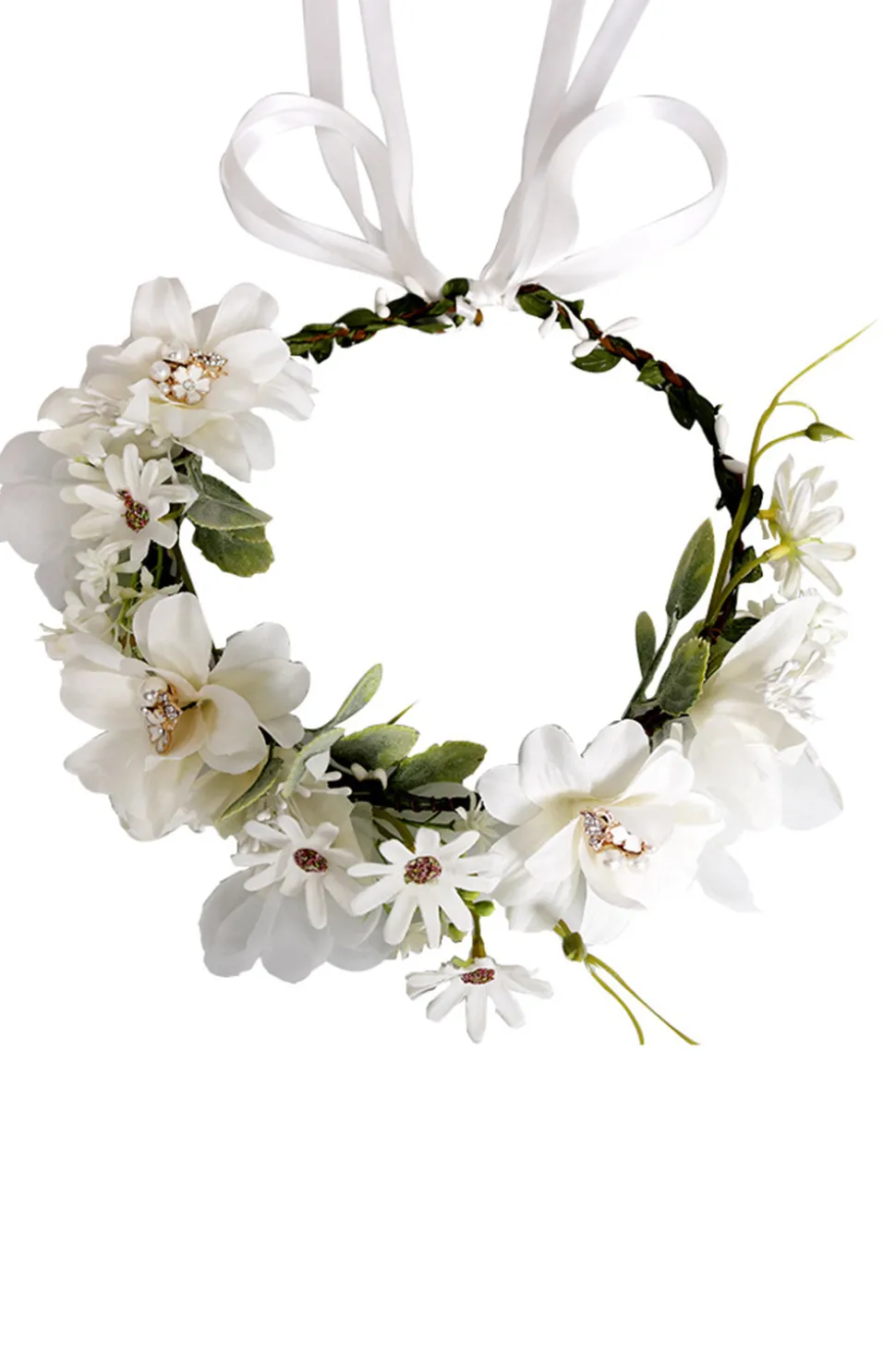 Branco Floral Casamento Headband Coroa de Cabelo com Fita
