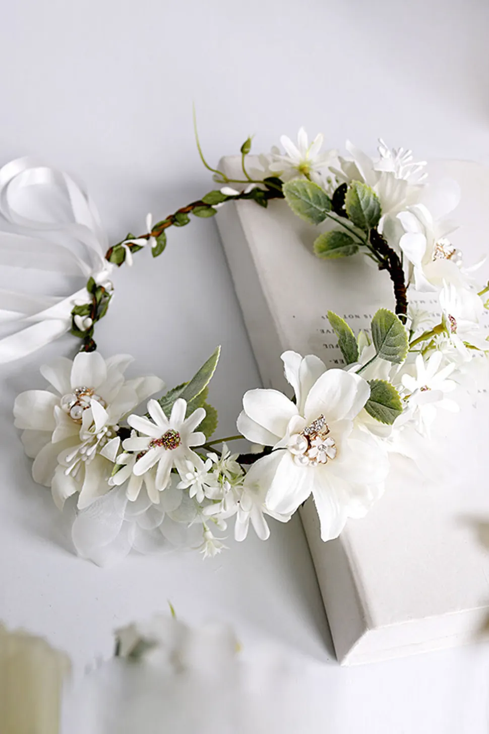 Branco Floral Casamento Headband Coroa de Cabelo com Fita