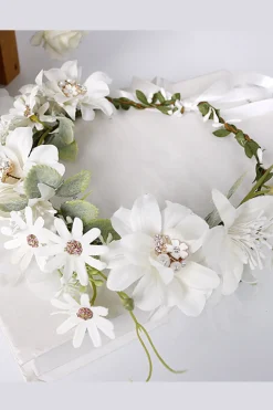 Branco Floral Casamento Headband Coroa de Cabelo com Fita