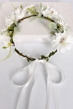 Branco Floral Casamento Headband Coroa de Cabelo com Fita
