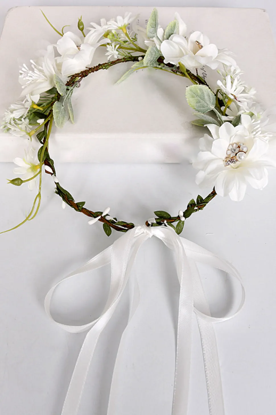 Branco Floral Casamento Headband Coroa de Cabelo com Fita