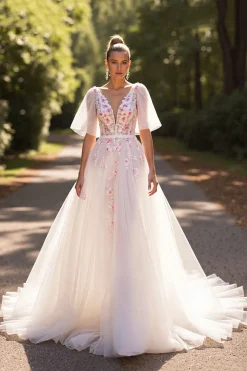 Branco Floral Meias Mangas Uma Linha Vestido de Noiva