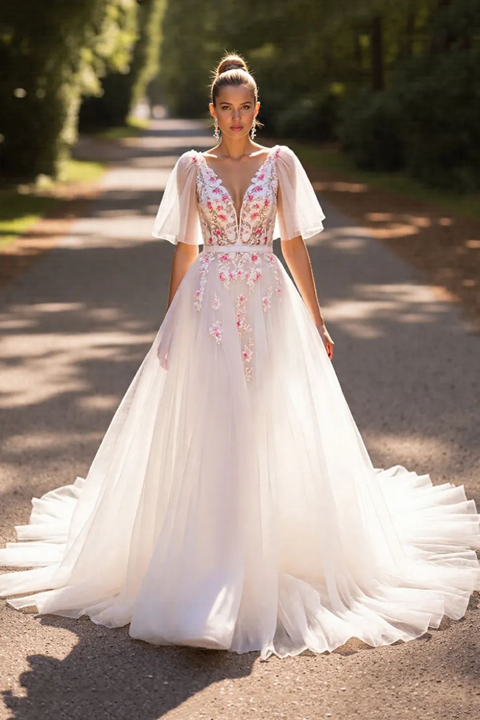 Branco Floral Meias Mangas Uma Linha Vestido de Noiva