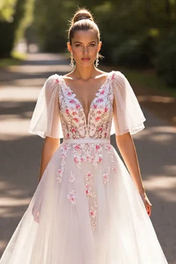 Branco Floral Meias Mangas Uma Linha Vestido de Noiva