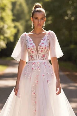 Branco Floral Meias Mangas Uma Linha Vestido de Noiva