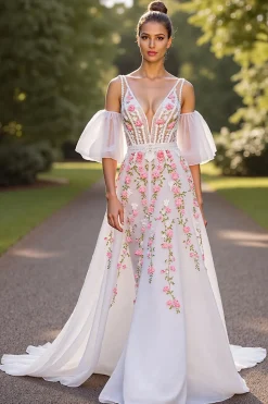 Branco Floral V Pescoço Uma Linha Vestido de Noiva com mangas destacáveis