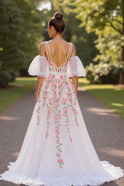 Branco Floral V Pescoço Uma Linha Vestido de Noiva com mangas destacáveis