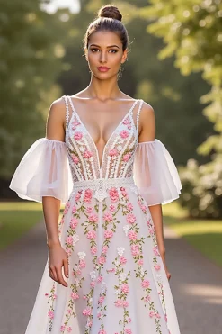 Branco Floral V Pescoço Uma Linha Vestido de Noiva com mangas destacáveis