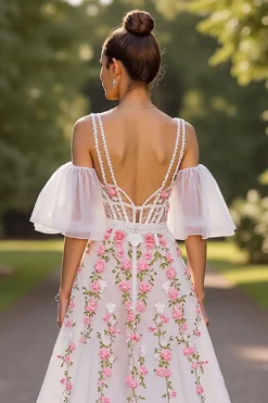 Branco Floral V Pescoço Uma Linha Vestido de Noiva com mangas destacáveis