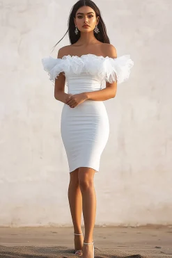 Branco Fora do Ombro Bodycon Babados Midi Vestidinho Branco
