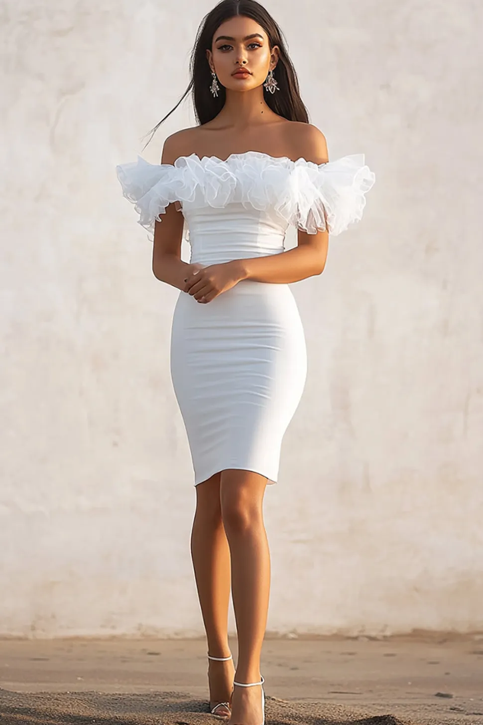 Branco Fora do Ombro Bodycon Babados Midi Vestidinho Branco
