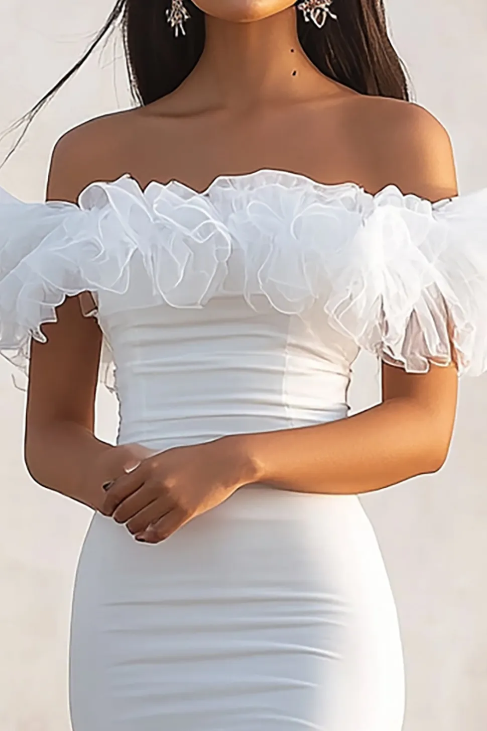 Branco Fora do Ombro Bodycon Babados Midi Vestidinho Branco