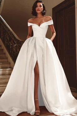 Branco fora do ombro cetim varrer trem vestido de noiva com fenda